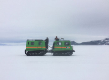 This Hagglund continually drove the race course offering support to anyone in the McMurdo Marathon that needed it. There was also a toilet bucket in the back." Ross Ice Shelf near McMurdo Station, Antarctica.
