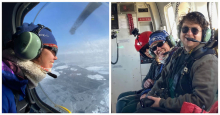 Sarah Johnson (left) taking in the spectacular view of the sea ice; Photo by Cy Keener (right). Team in the helicopter; by John Woods. 
