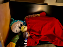 5 stuffed animals lie inside a pillowcase, ready for bed