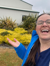 Elaine enjoying rain in New Zealand