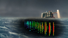 Photograph of IceCube Observatory with multicolored sensors beneath the ice