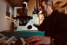 Bill Henske on microscope counting a sample 