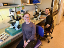Abigail Borgmeier and Jesse Jorna at the lab bench