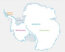 An outline of Antarctica showing the divide between the East and West portions of the continent