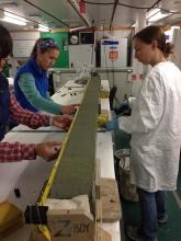 The students preparing a Kasten core sediment sample for testing