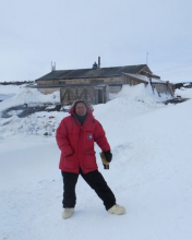 Hongjie at Terra Nova Hut in the forefront