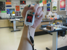The blood oxygen sensor. It shows oxygen saturation -98% and heart rate -67 bpm.