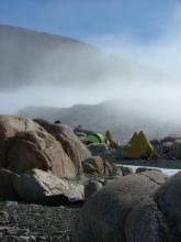 Evening fog creeping into our camp on Mt. Hope.