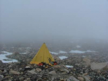 Foggy morning camp on Mt. Kyffin.