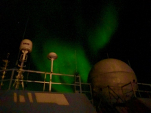 Aurora over the Beaufort Sea and the bridge onboard the R/V Sikuliaq! September 12, 2017. Photo by Lisa Seff.