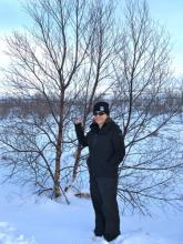 Lisa Seff with downy birch tree in Iceland.