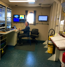 Dr. Ashjian in the Science Office preparing the research logistics for 3.5 weeks at sea the day before our departure from Nome Alaska.  August 24, 2017.  Photo by Lisa Seff.