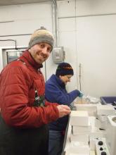 Jeff Grimm and Paula Dell preserving fish eggs, Palmer Station