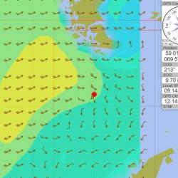 Weather radar shows wave height, wind speed, and the position of the Nathaniel B. Palmer
