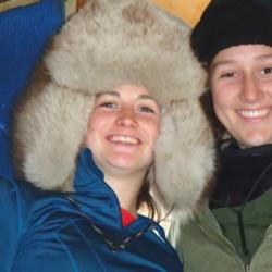Dylan (left) and Lindsey sport winter fur hats at Pleistocene Park